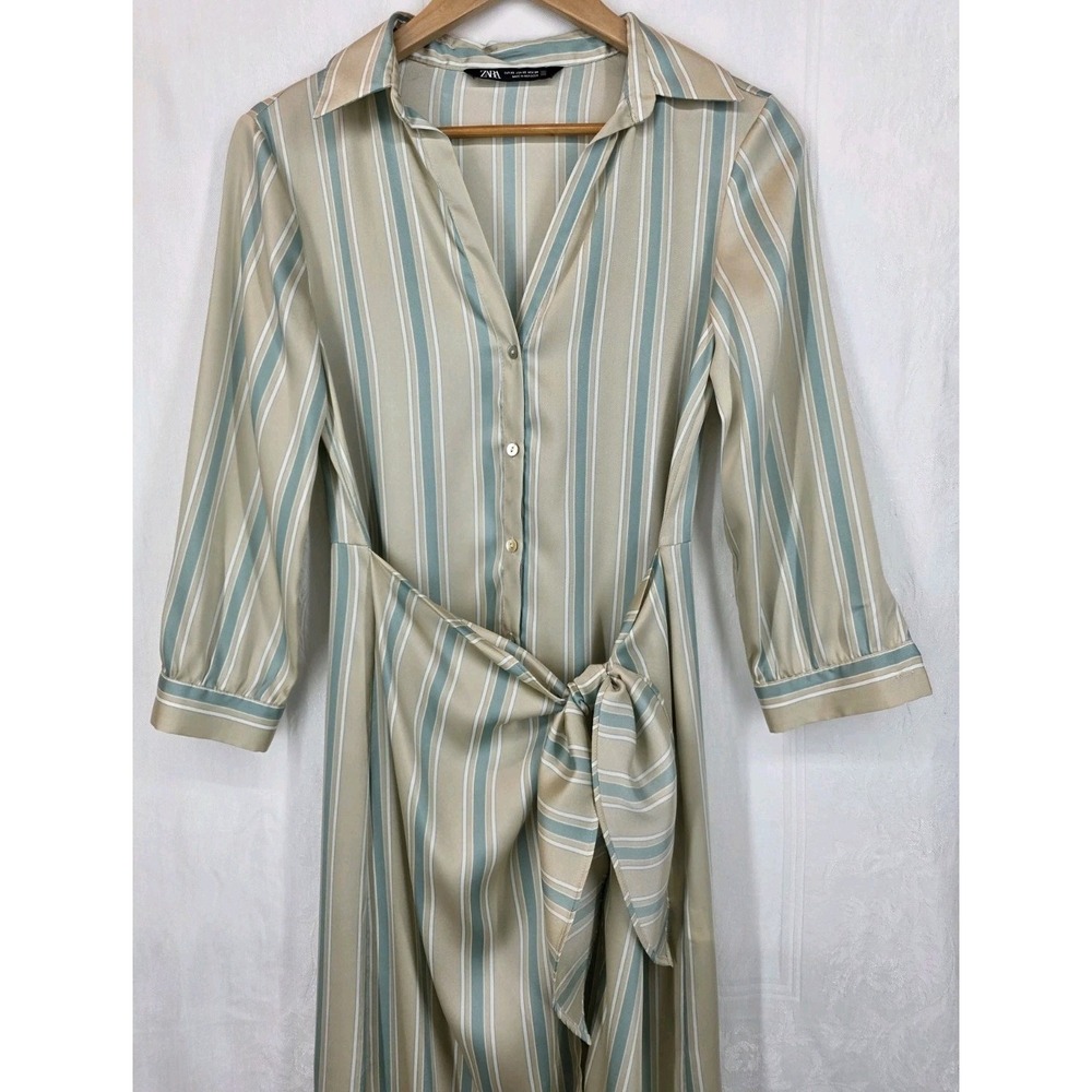 Women's Zara Satin Shirt Dress Wrap Around Waist Tie High Low Hem Size XS